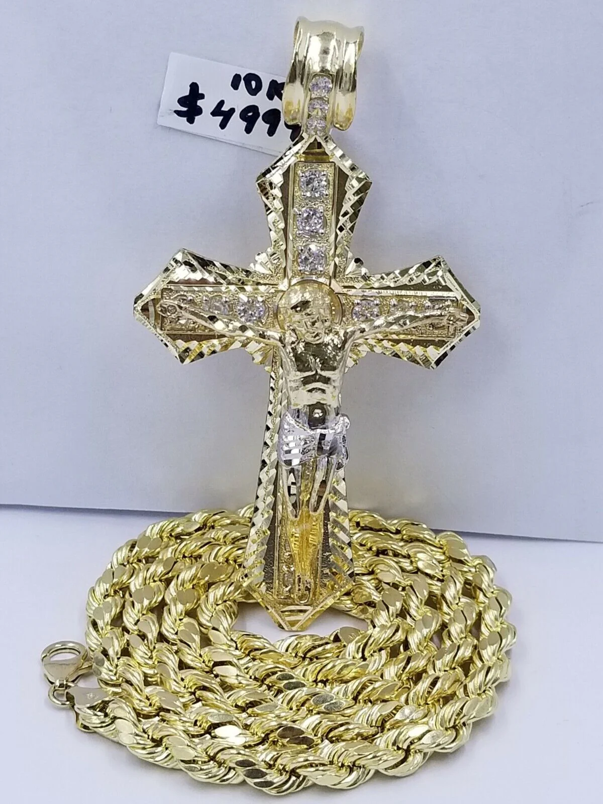 Men 10k Real Yellow Gold Rope Chain 24" Crucifix Cross Charm Diamond cut Set - Image 5