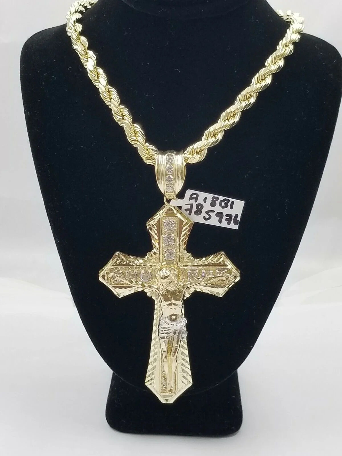 Men 10k Real Yellow Gold Rope Chain 26" Crucifix Cross Charm Diamond cut Set