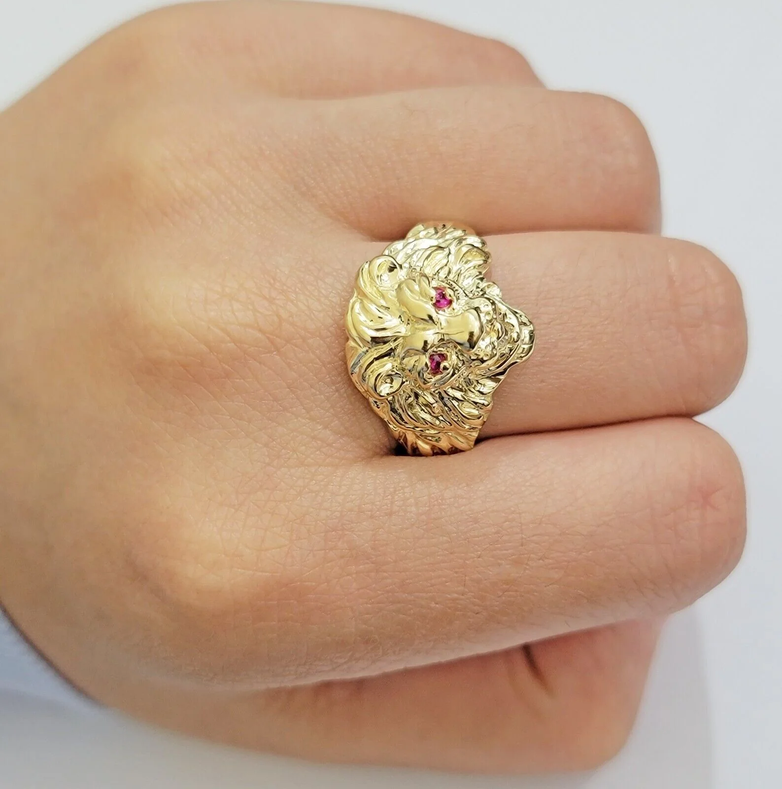 Mens Ring Lion Head REAL 10k Yellow Gold Roaring Lion With Red Eye , 10kt Solid All Sizes - Image 2