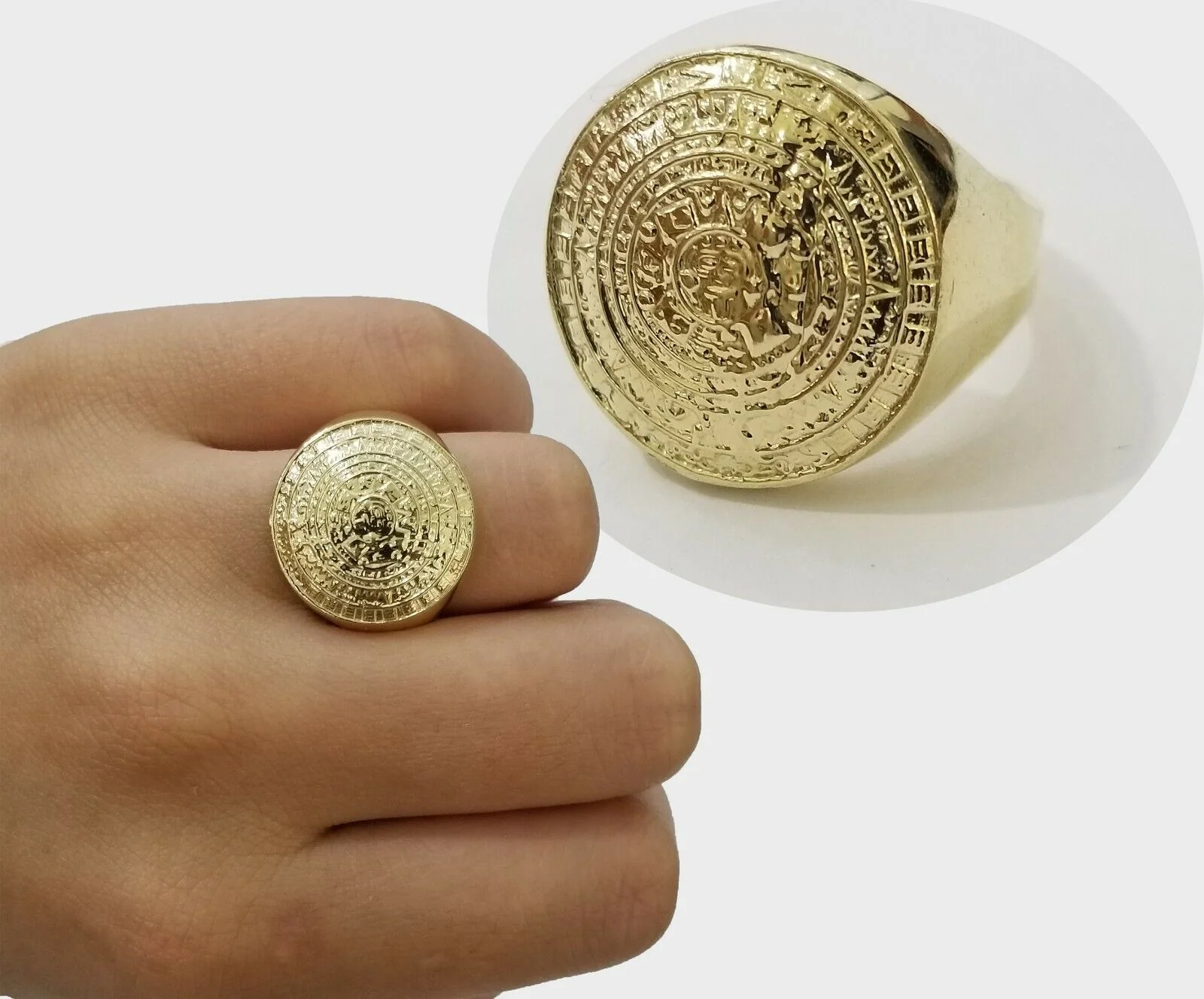 Mens Ring Solid 10k Yellow Gold Aztec Mayan Sun Calendar 10 KT REAL Gold Unique