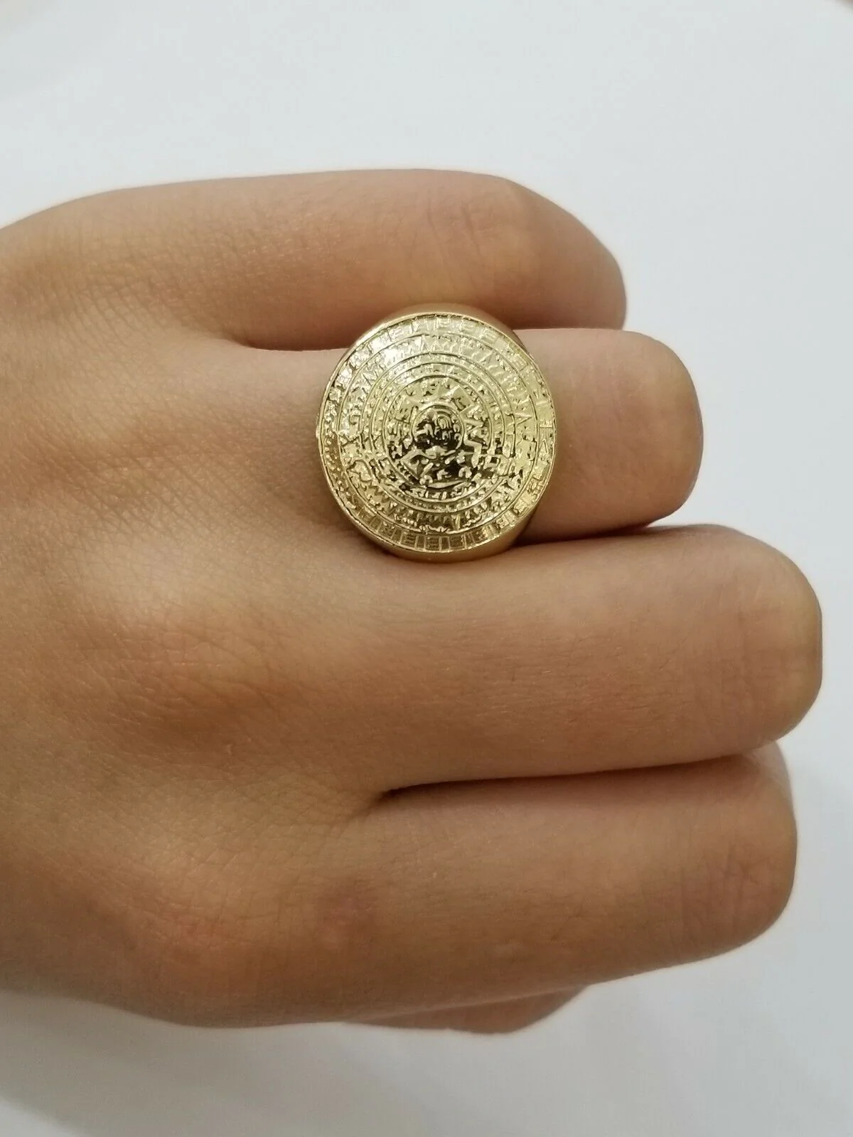 Mens Ring Solid 10k Yellow Gold Aztec Mayan Sun Calendar 10 KT REAL Gold Unique - Image 4