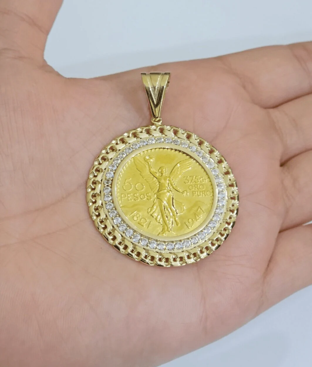 Mexican Centenario Coin 1947 Charm Pendant Replica 50 pesos With Bezel 10kt Gold
