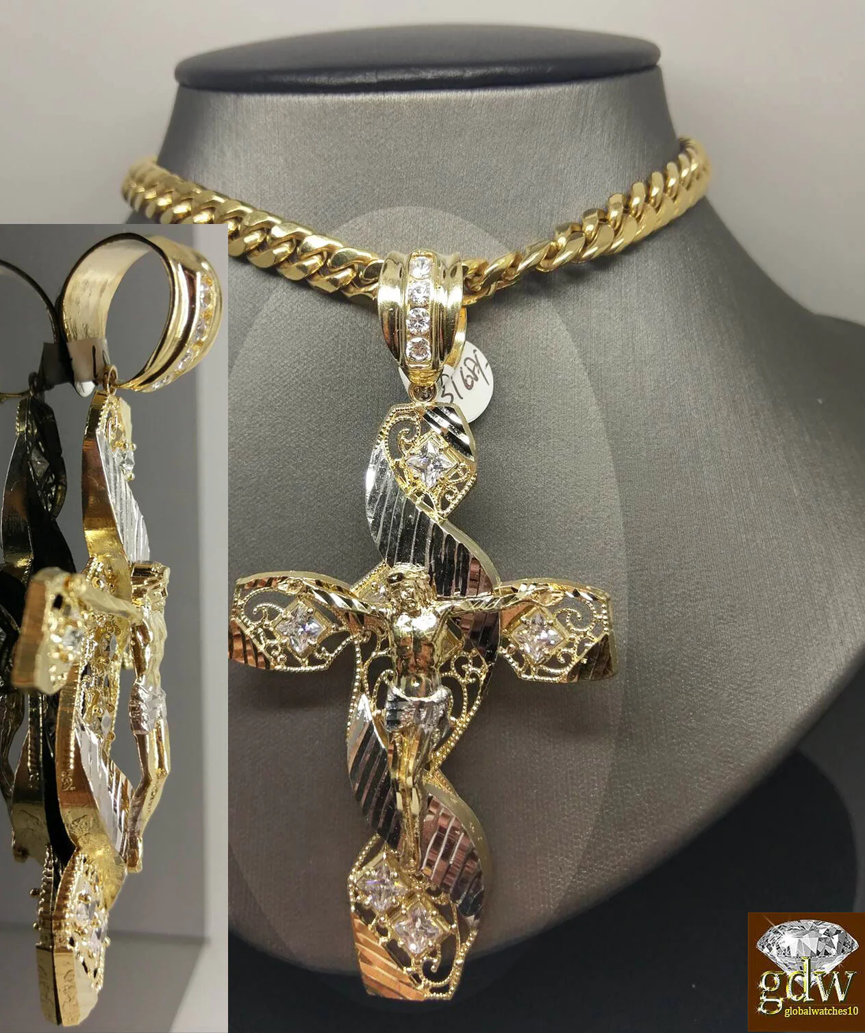 New 10k Yellow White Gold Jesus Crucifix Cross Pendent Diamond Cut