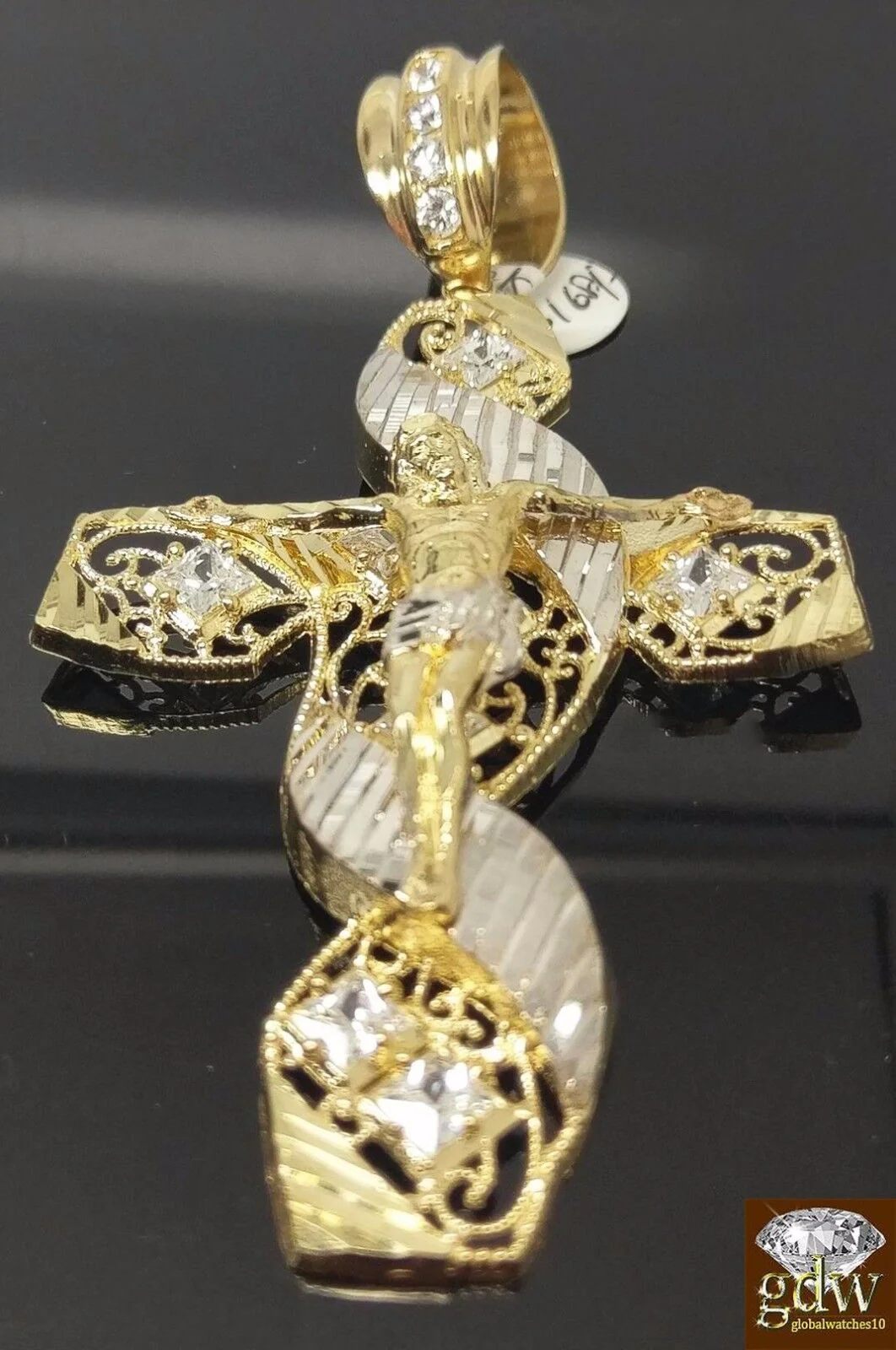 New 10k Yellow White Gold Jesus Crucifix Cross Pendent Diamond Cut - Image 2