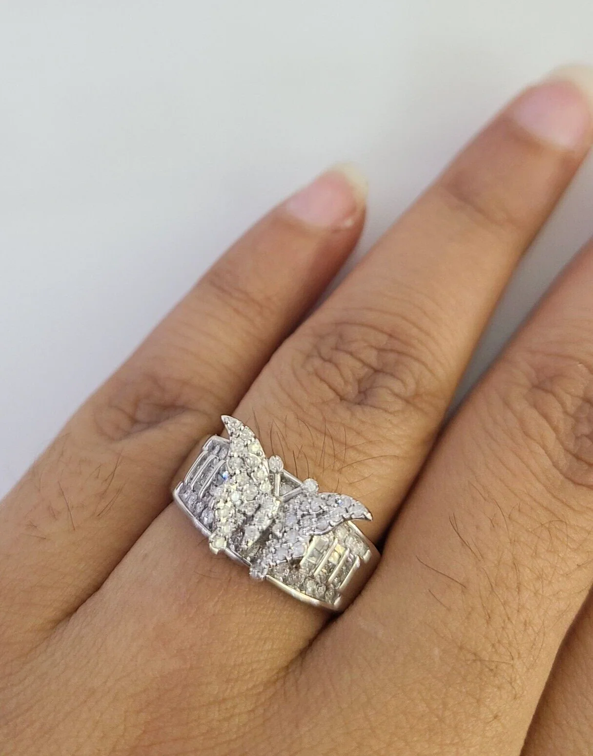 Real 10k Butterfly Diamond Ladies Ring Women Casual 10Kt White Gold All Sizes