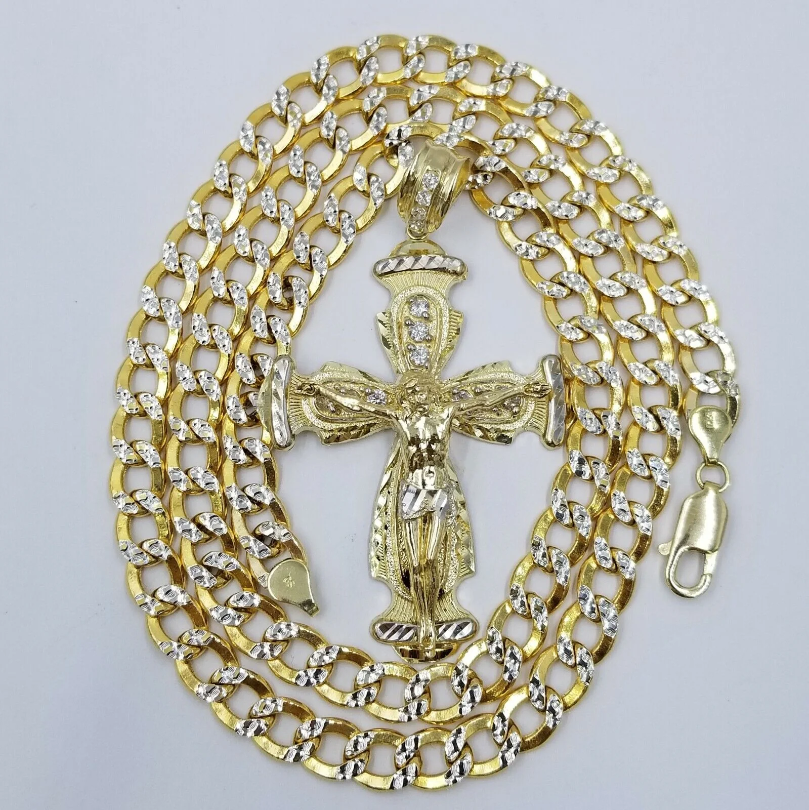 Real 10k Cuban Curb Link Necklace Pendant SET Jesus Crucifix Cross Chain - Image 4