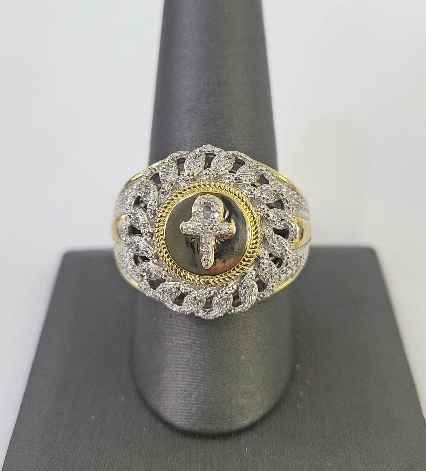 Real 10k Diamond Mens Ring Jesus Cross Band Yellow Gold Casual Genuine Natural - Image 3