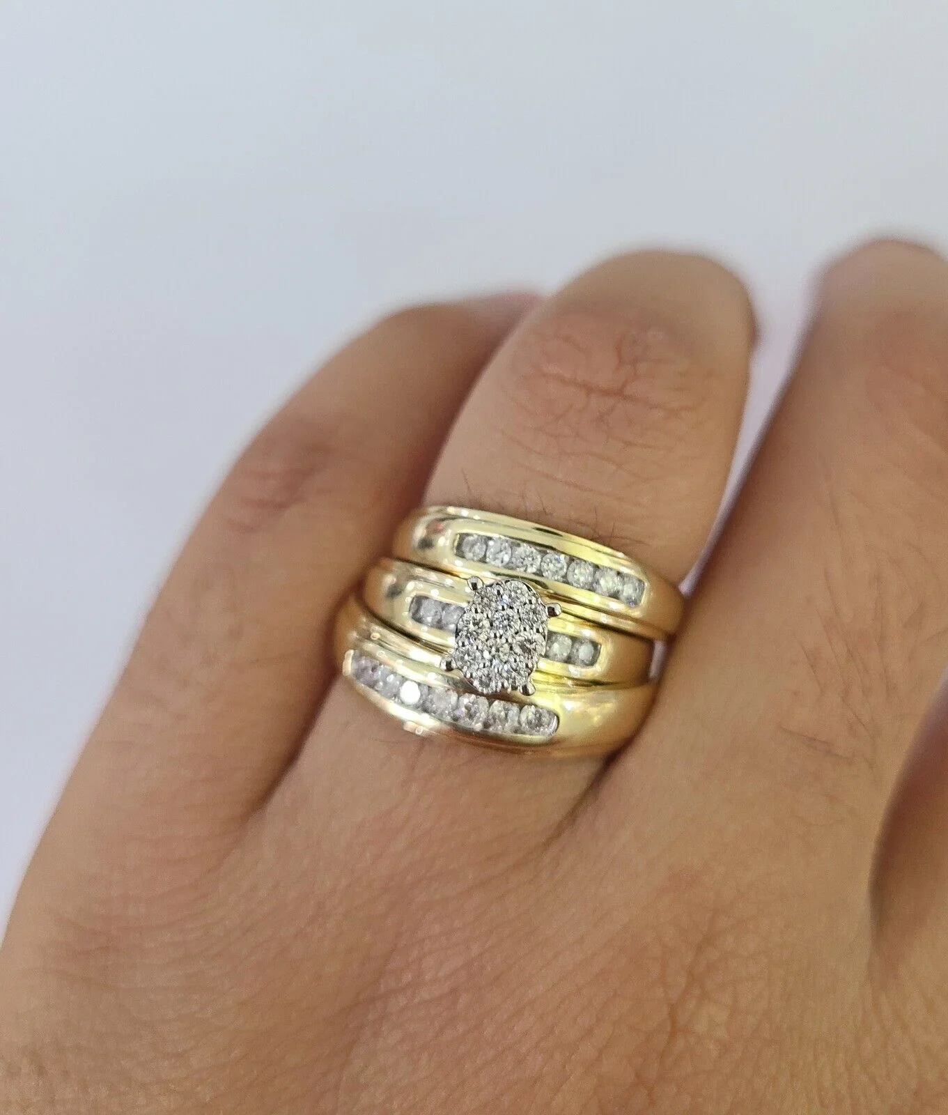 REAL 10k Diamond Ring Ladies Men Trio SET Wedding Engagement Genuine Yellow Gold - Image 10