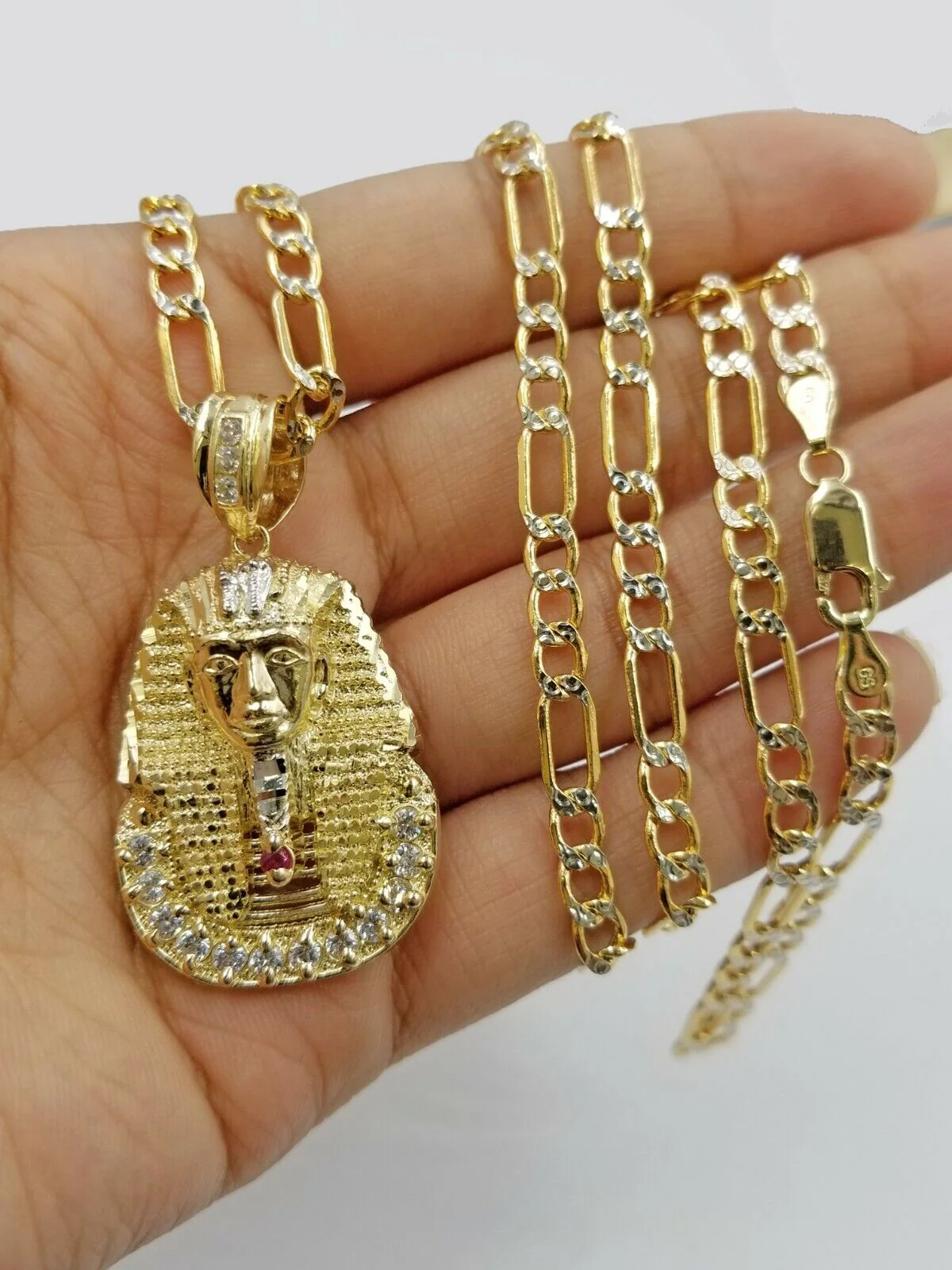 Real 10k Figaro Chain 24" Inch Diamond Cut 1.5 Inch Pharaoh Head Charm Pendant - Image 3