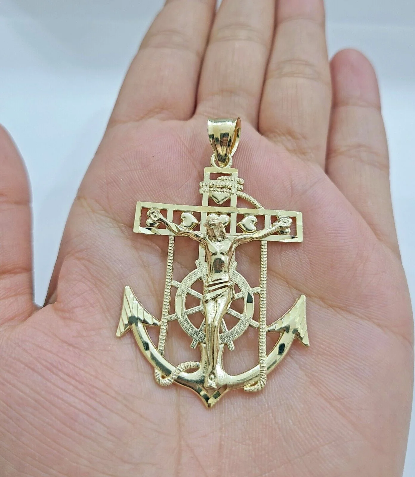 Real 10k Gold Anchor Jesus Crucifix Charm Pendant 10kt Yellow Gold Men Women - Image 3