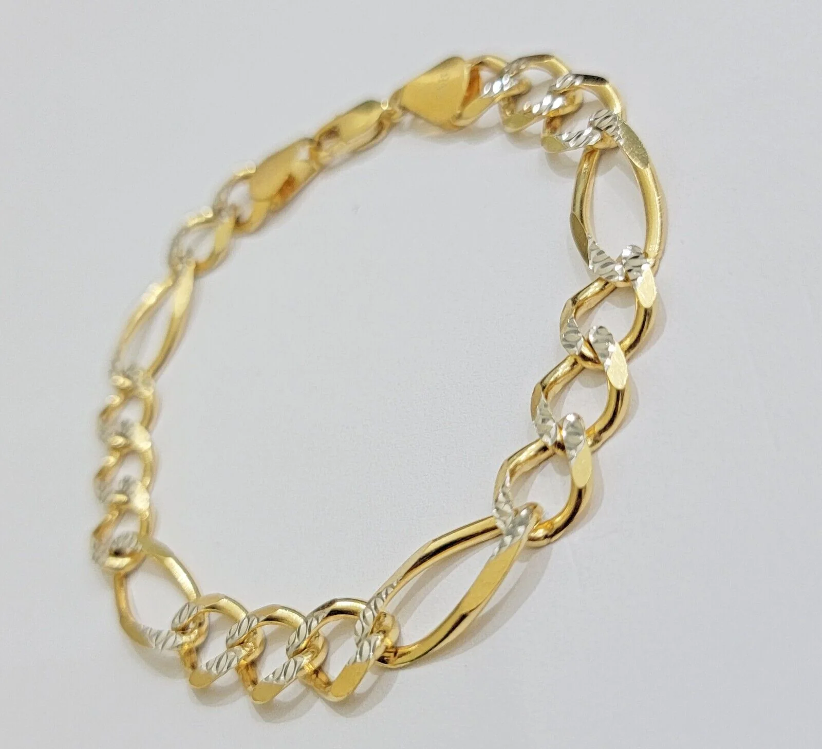 REAL 10k Gold Bracelet Figaro Link Solid Yellow Gold 8.5" 9mm Two-tone Diamond - Image 6