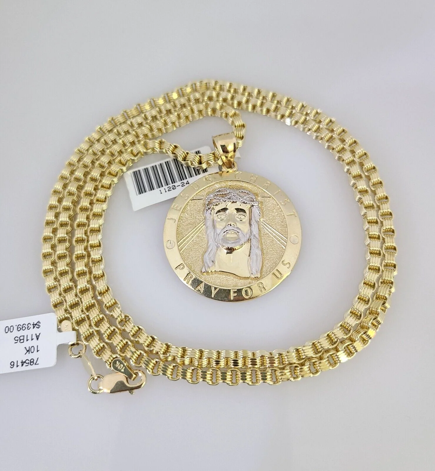 Real 10k Gold Byzantine Chain Jesus Charm Pendant SET 3mm 24 Inch Mens Necklace - Image 2
