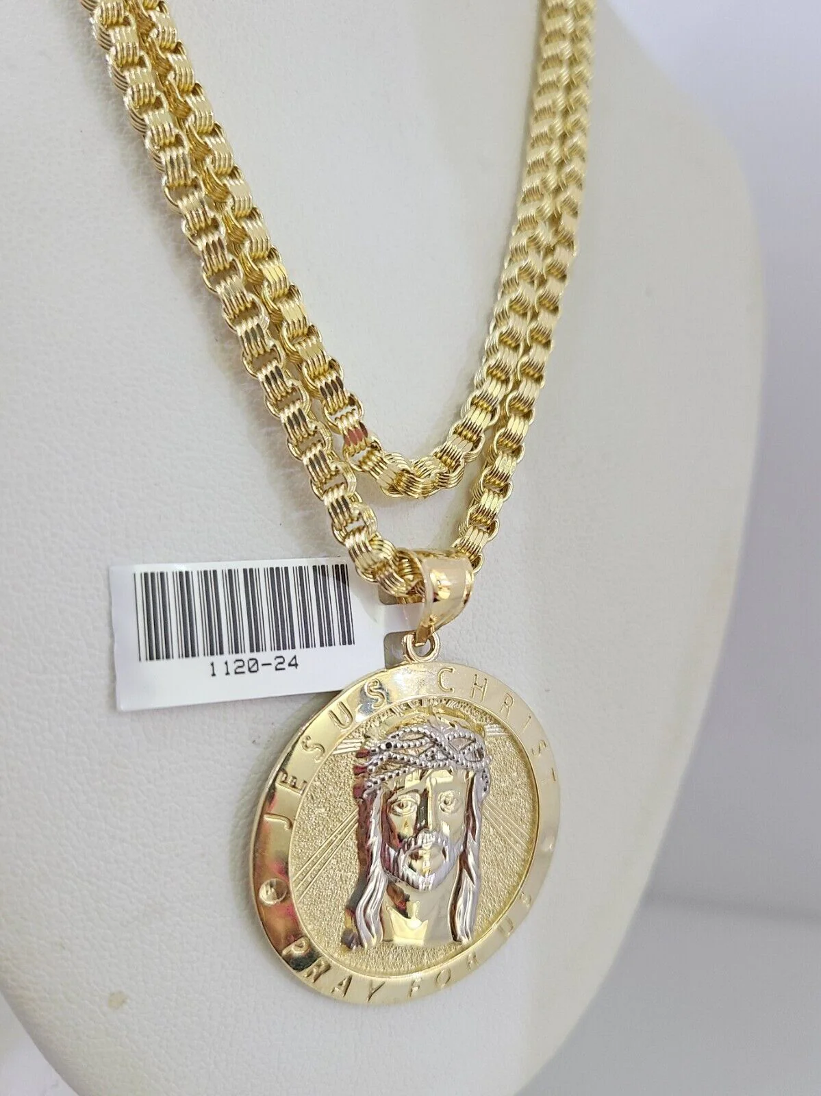 Real 10k Gold Byzantine Chain Jesus Charm Pendant SET 3mm 26 Inch Mens Necklace - Image 3