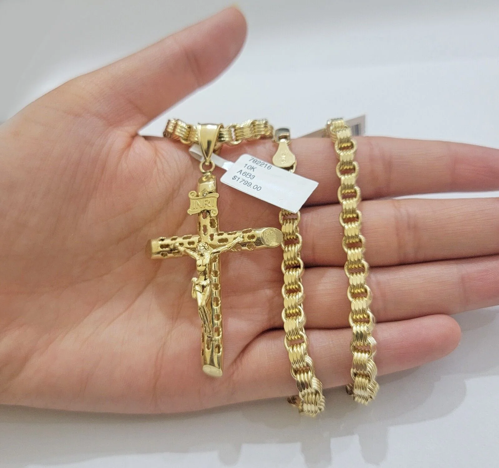 Real 10k Gold byzantine Chain Pendant Set 5mm Necklace With Jesus Cross Charm - Image 2