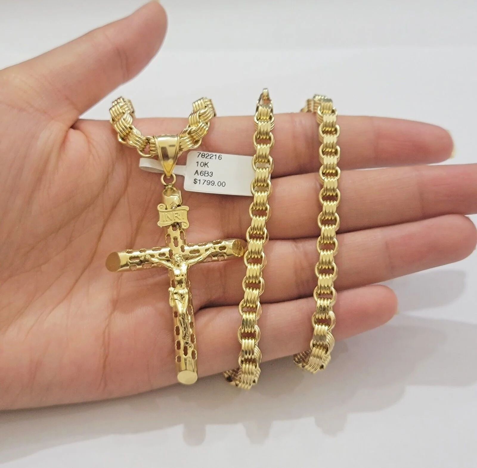 Real 10k Gold byzantine Chain Pendant Set 5mm Necklace With Jesus Cross Charm - Image 3