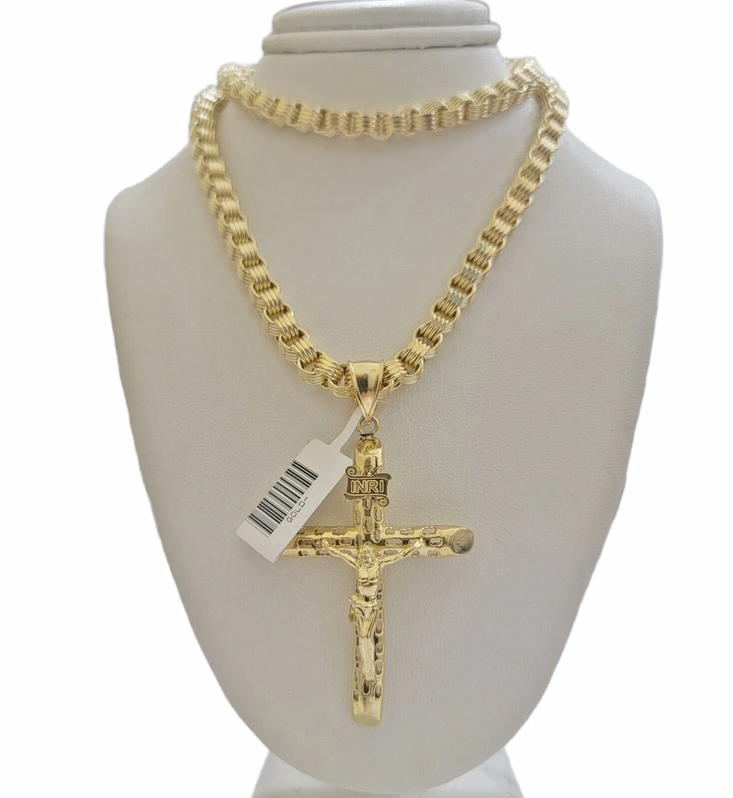 Real 10k Gold byzantine Chain Pendant Set 5mm Necklace With Jesus Cross Charm - Image 4