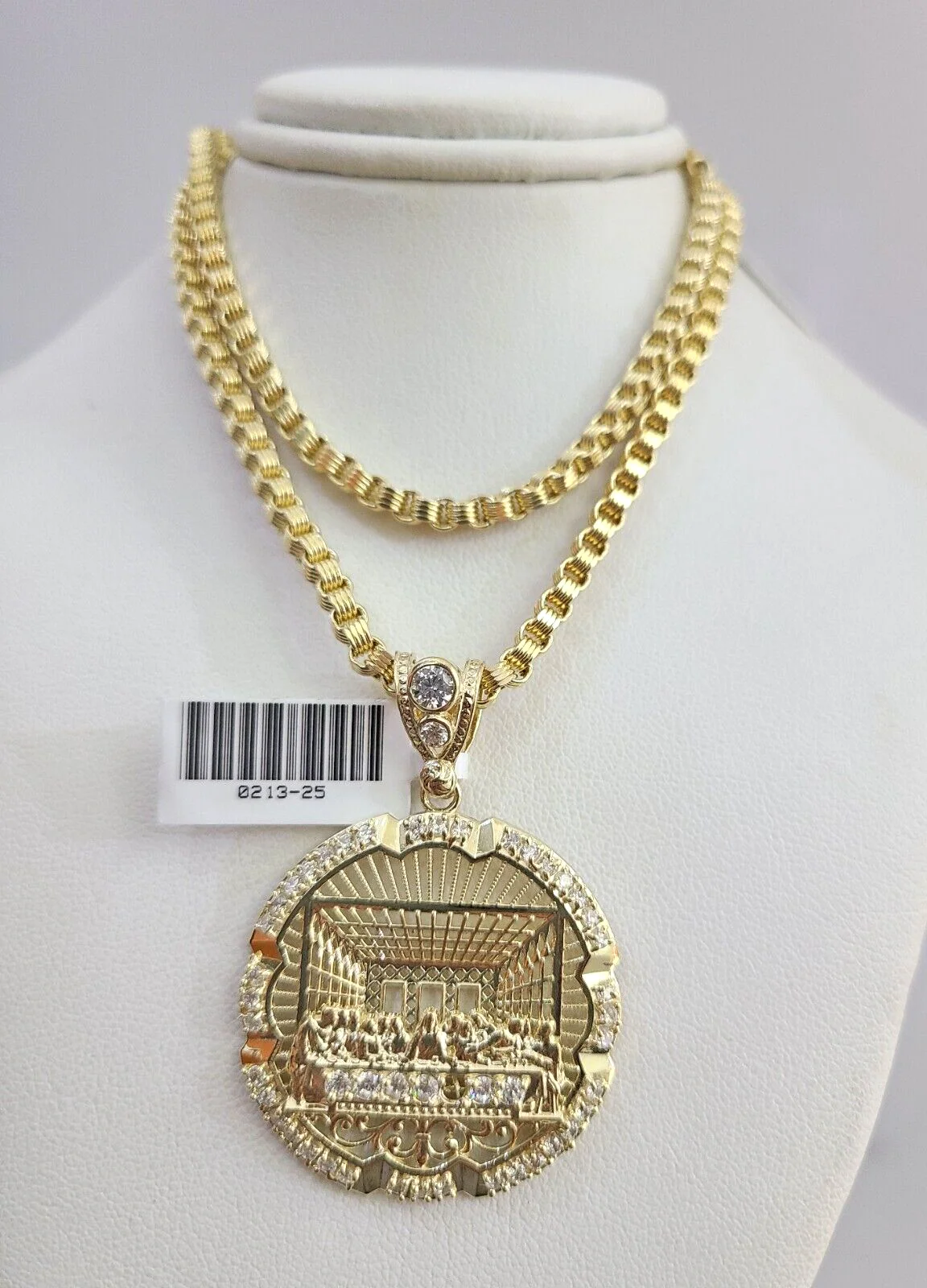 Real 10k Gold Byzantine Necklace Last Supper Charm SET Chain 20-30" 3mm Pendant