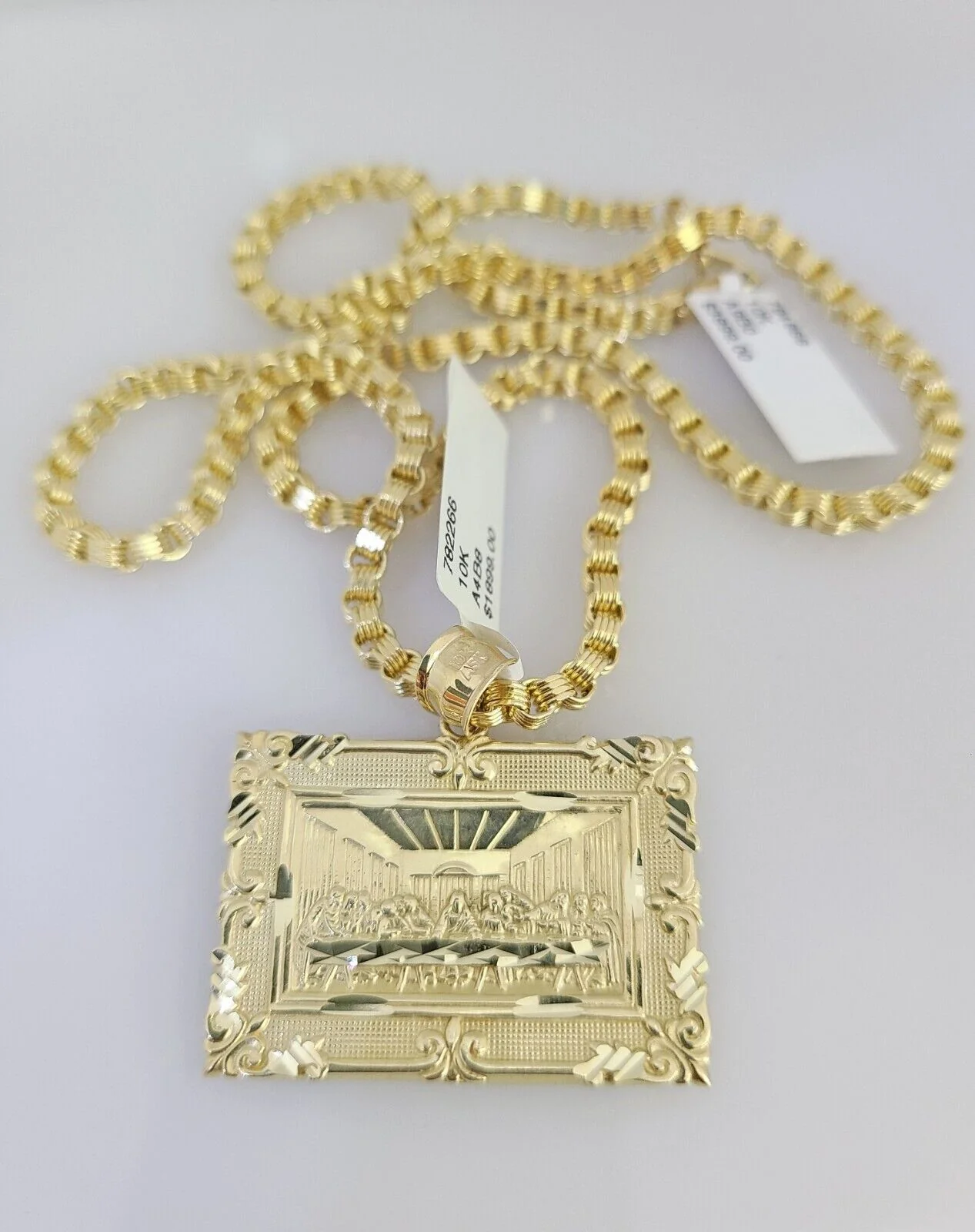 Real 10k Gold Byzantine Necklace Last Supper Charm SET Chain 20-30" 3mm Pendant - Image 5