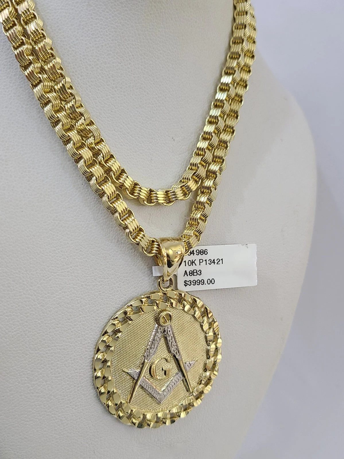 Real 10k Gold Byzantine Necklace Masonic Pendant Charm SET Chain 20"-30" 4mm - Image 3
