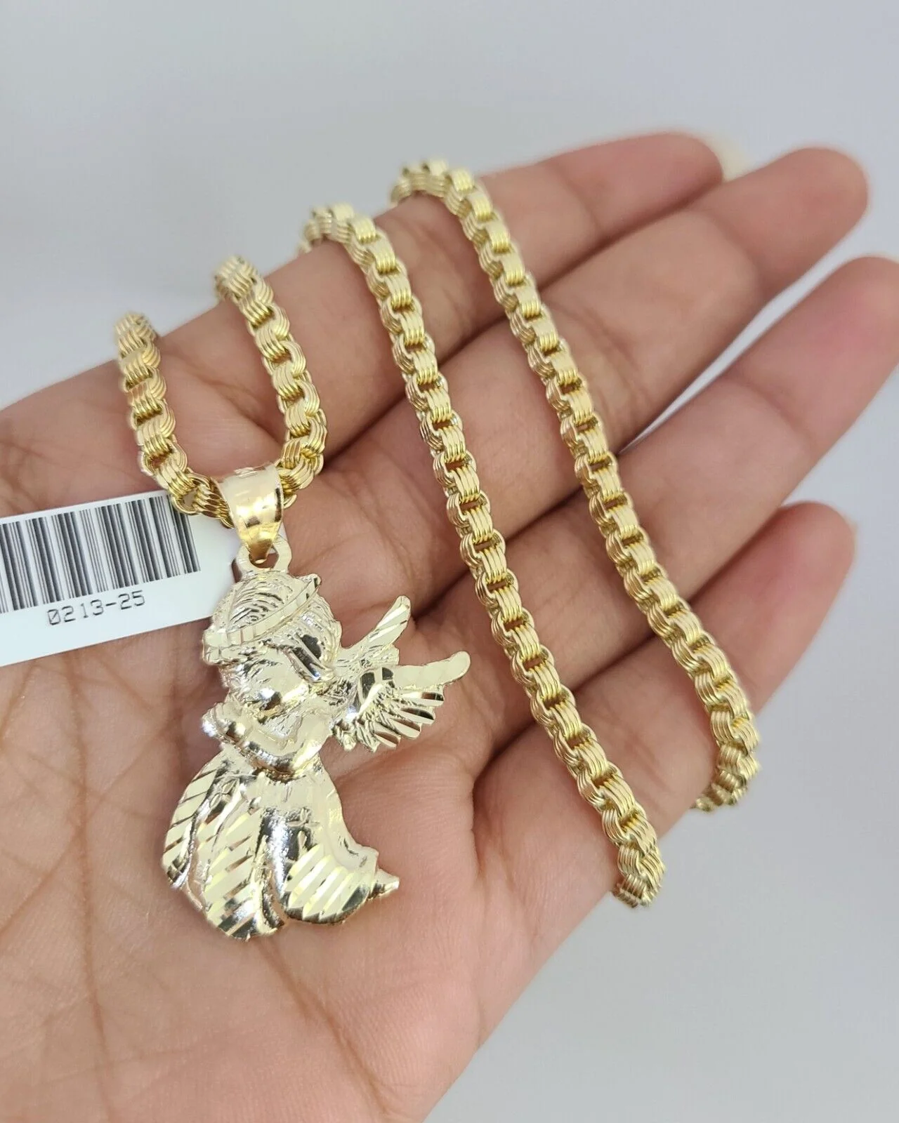 Real 10k Gold Byzantine Necklace Praying Angel Charm SET Chain 20"-30" 3mm
