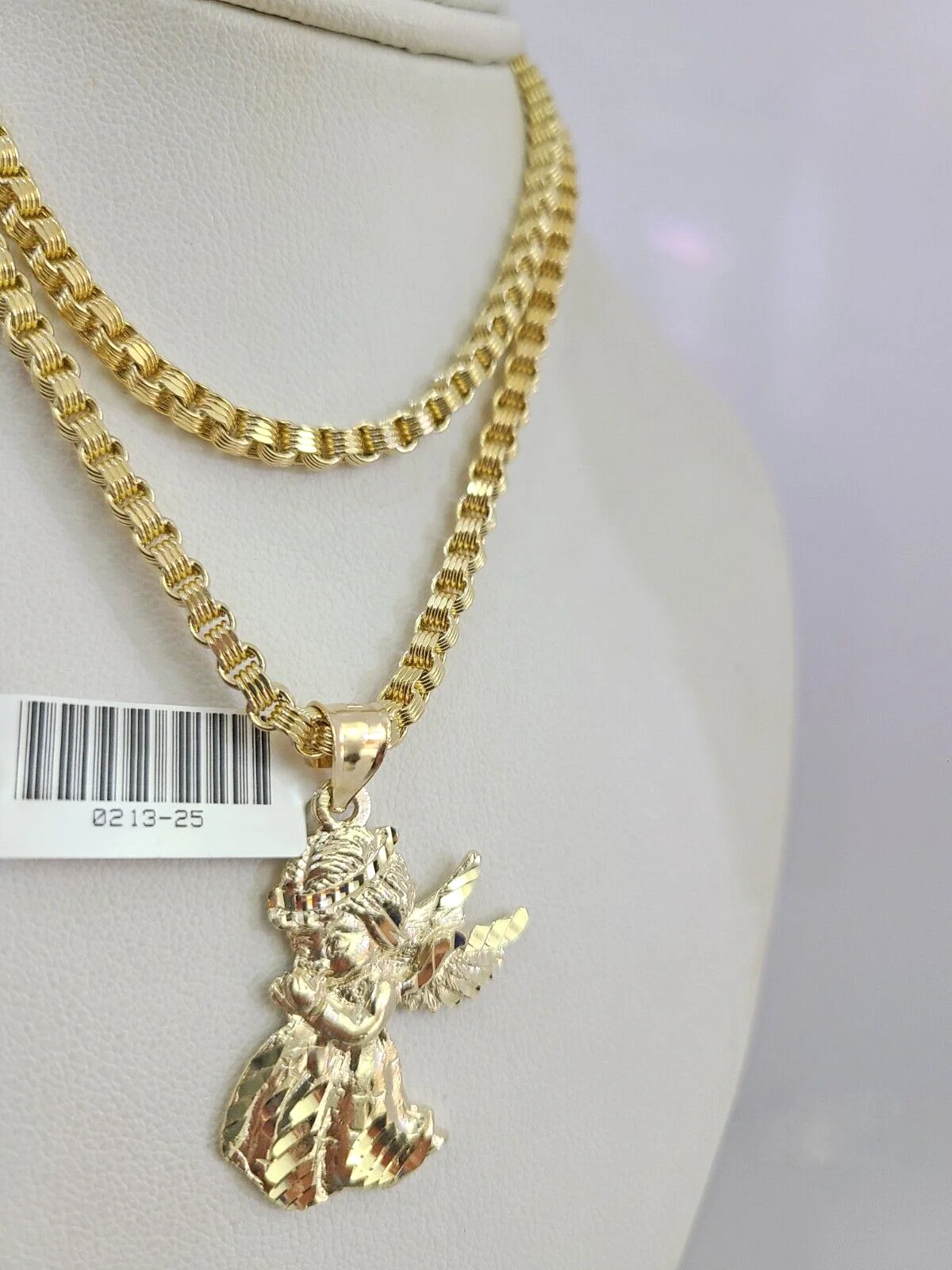 Real 10k Gold Byzantine Necklace Praying Angel Charm SET Chain 20"-30" 3mm - Image 5