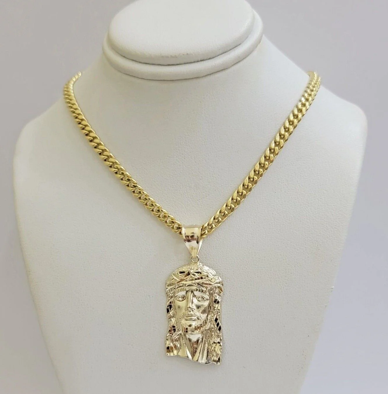 REAL 10k Gold Chain Necklace Charm Pendant SET, 5mm Miami Cuban Link, Jesus Head - Image 2