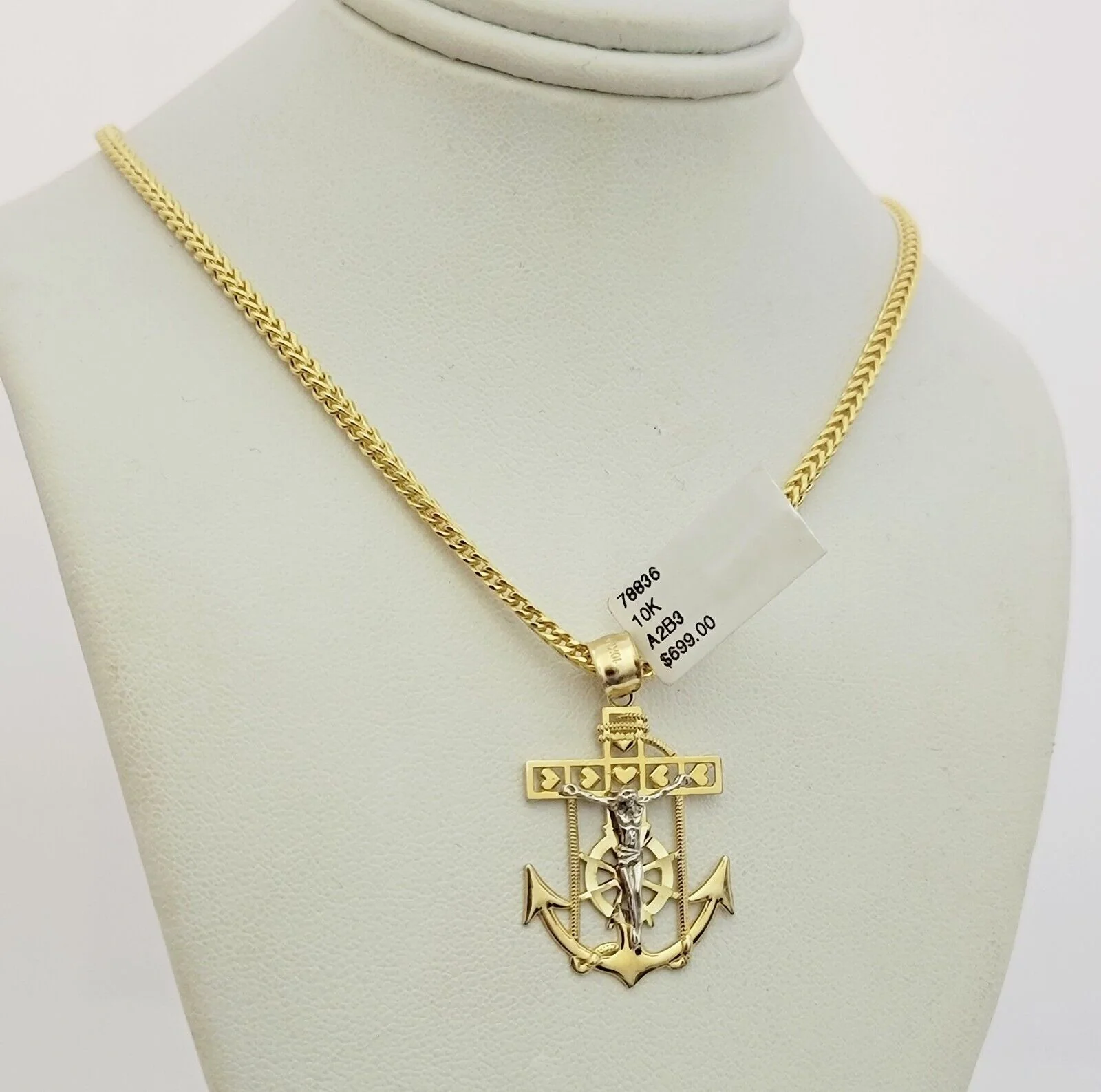 Real 10k Gold Chain Pendant Set Franco Necklace Anchor Cross Charm 2.5mm 18"-24" - Image 3