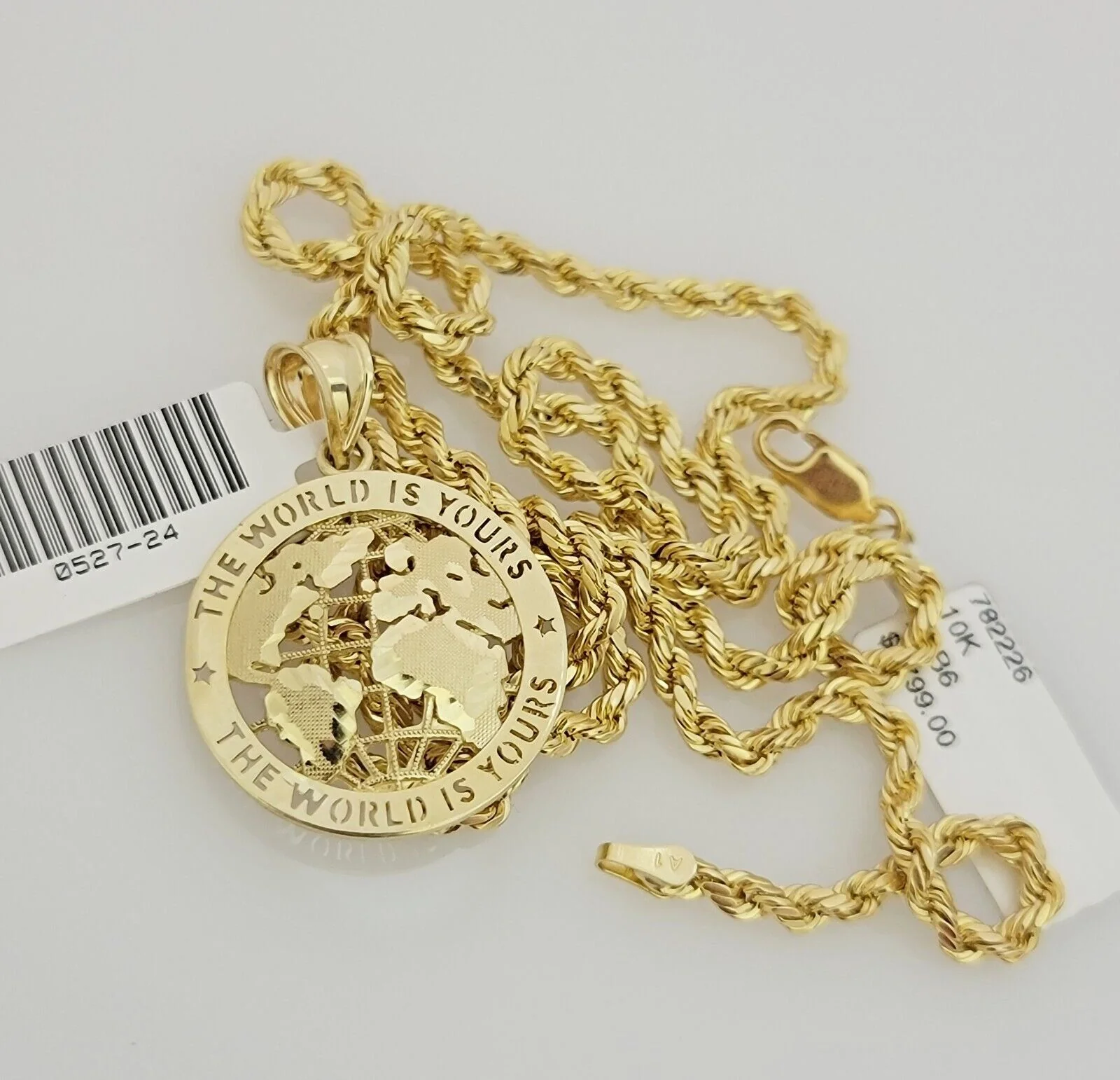 Real 10k Gold Chain Pendant SET World Is Your Charm Rope Necklace 3mm 22 Inch - Image 3
