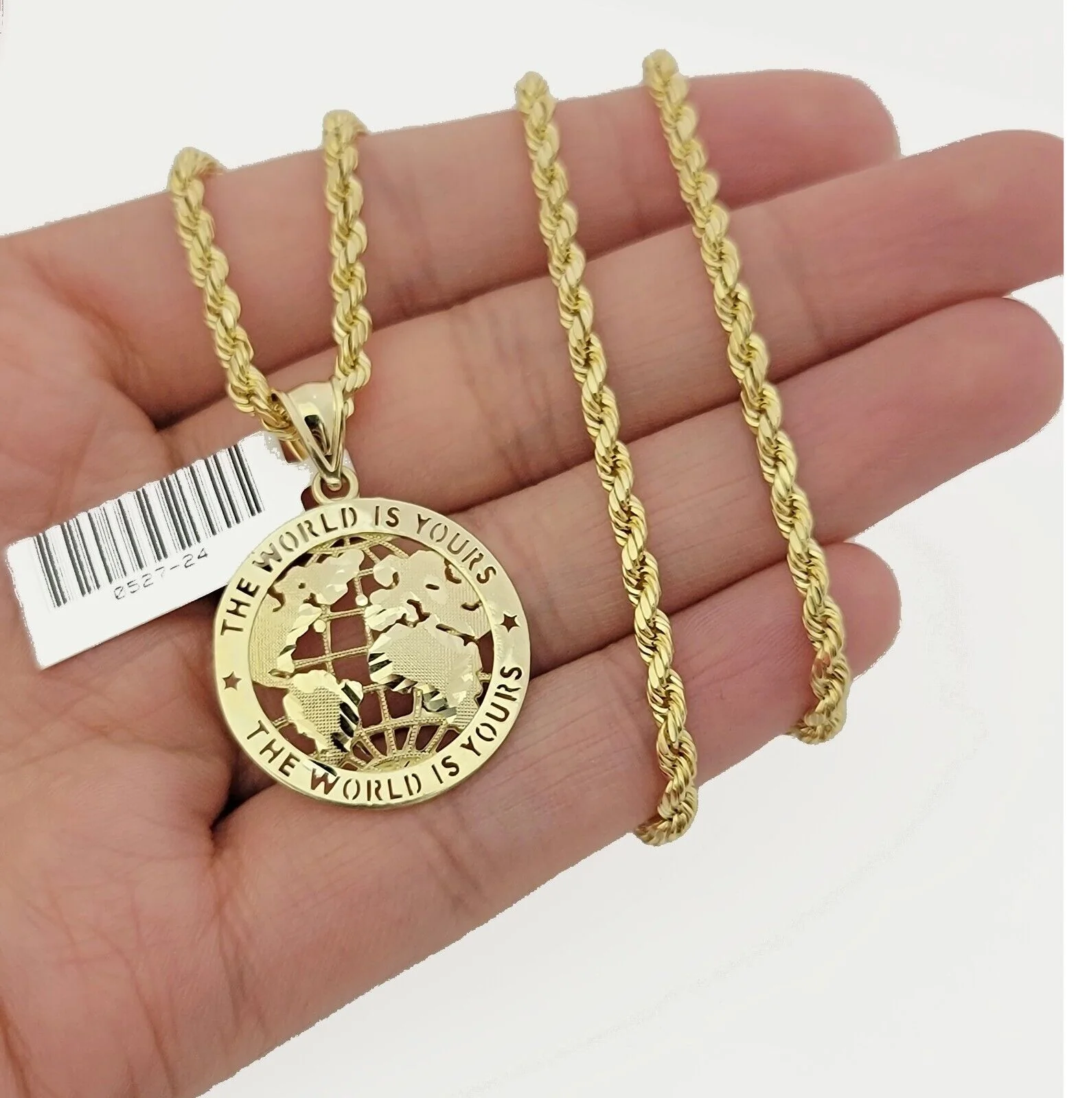 Real 10k Gold Chain Pendant SET World Is Your Charm Rope Necklace 3mm 26 Inch - Image 2