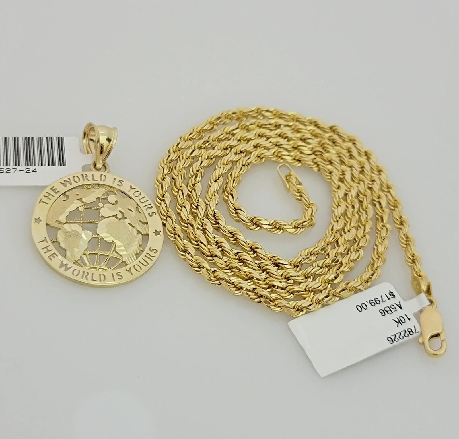 Real 10k Gold Chain Pendant SET World Is Your Charm Rope Necklace 3mm 26 Inch - Image 3