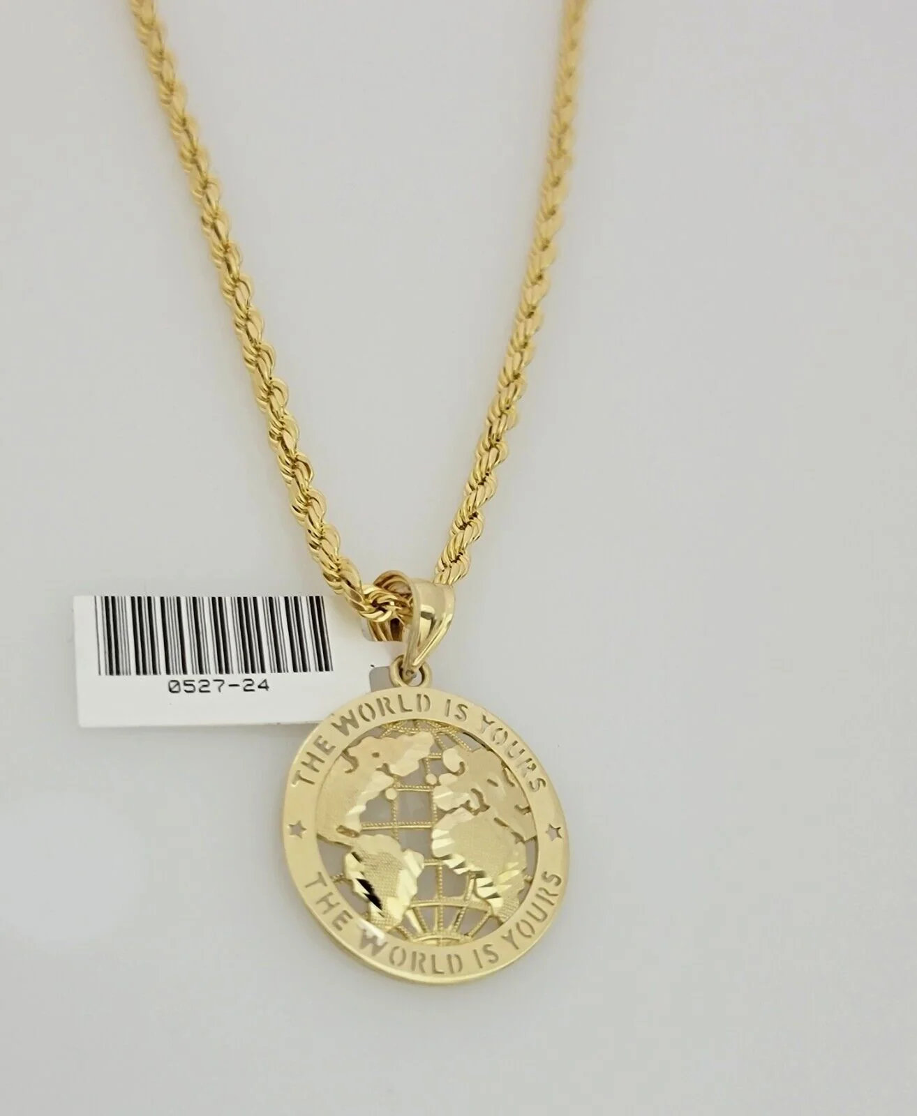Real 10k Gold Chain Pendant SET World Is Your Charm Rope Necklace 3mm 26 Inch - Image 4