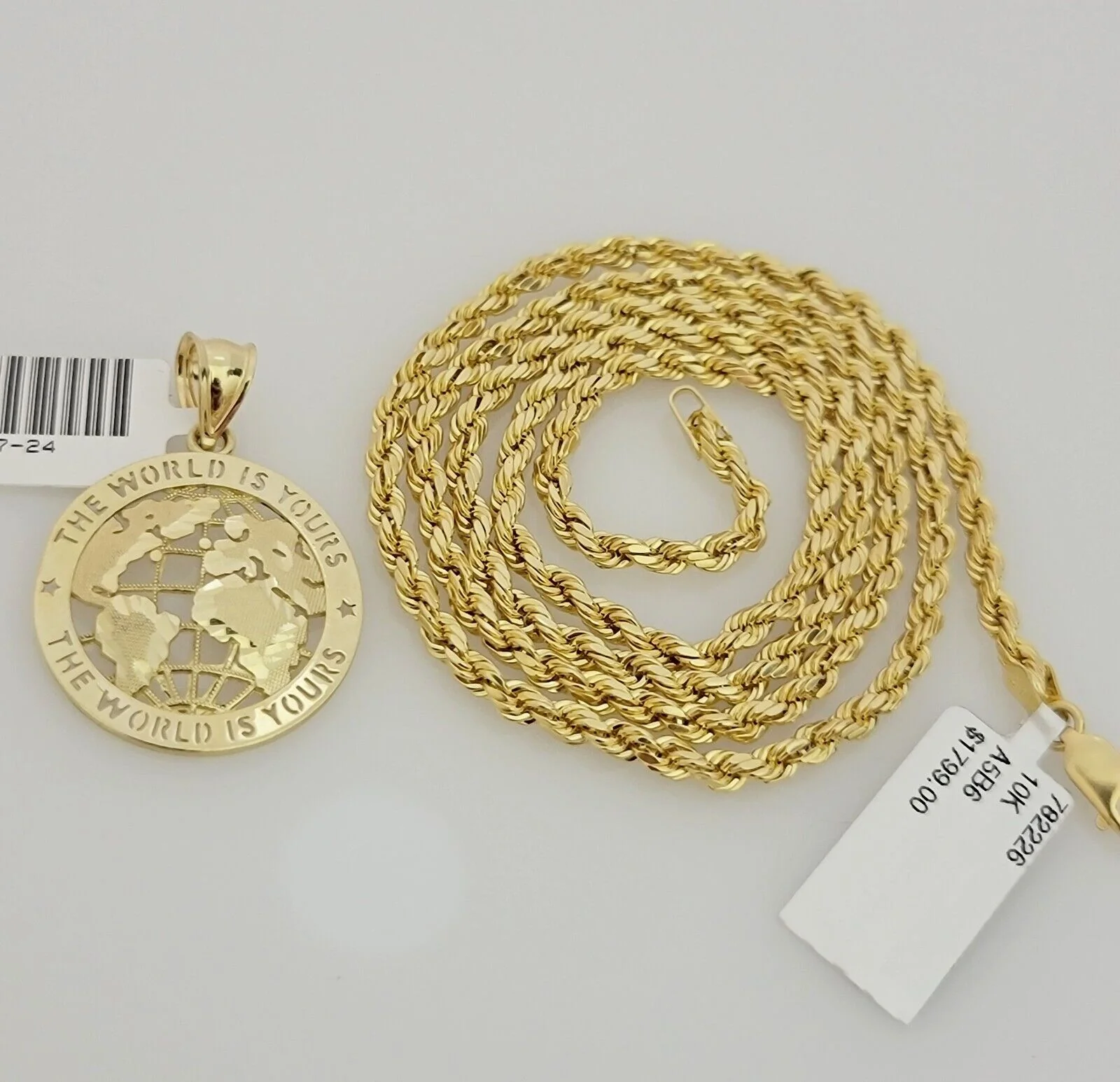Real 10k Gold Chain Pendant SET World Is Your Charm Rope Necklace 3mm 26 Inch - Image 5