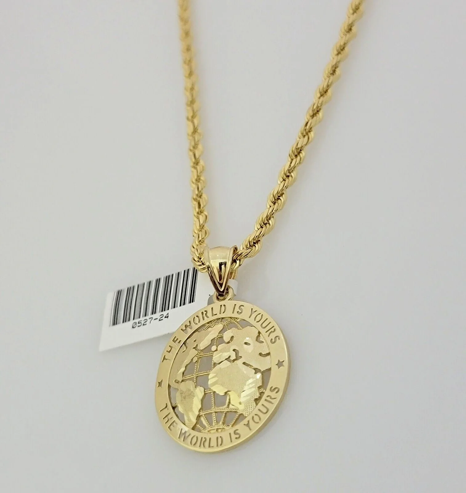 Real 10k Gold Chain Pendant SET World Is Your Charm Rope Necklace 3mm 26 Inch - Image 6