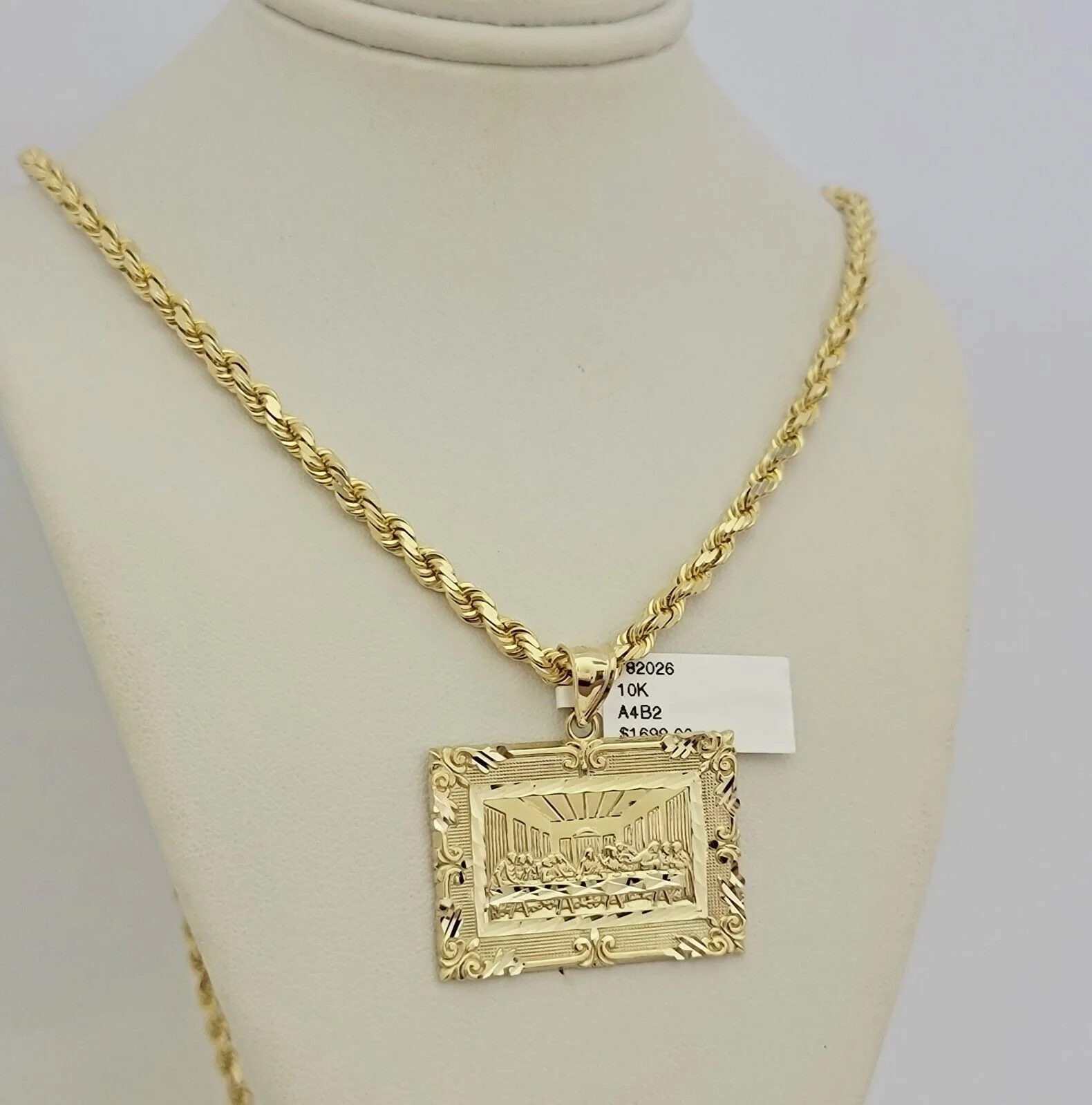 Real 10k Gold Chain Solid Rope Necklace Pendant SET Last supper Charm 4mm 22" - Image 3