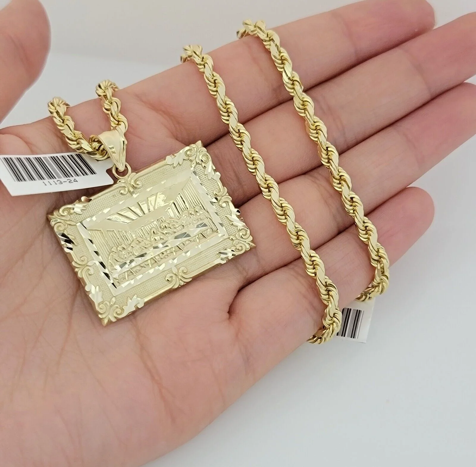 Real 10k Gold Chain Solid Rope Necklace Pendant SET Last supper Charm 4mm 26" - Image 3