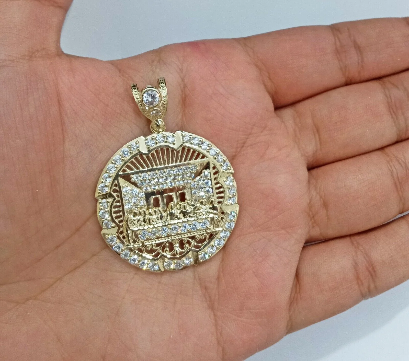 Real 10k Gold Circle Charm Last Supper Pendant 10kt Yellow Gold for Chain Men - Image 5