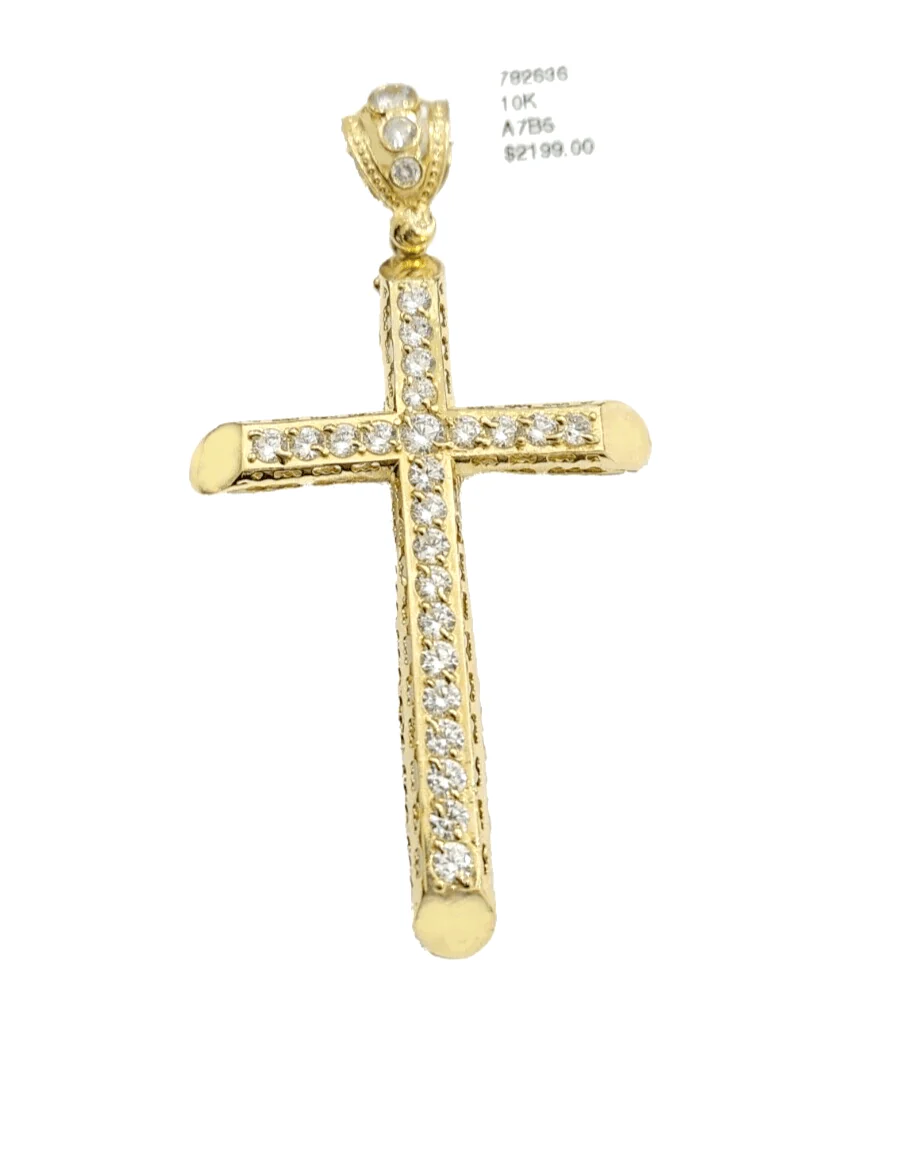 Real 10k Gold Cross Charm Pendant 2.8'' Inch 10KT Yellow Gold Cubic Zirconia