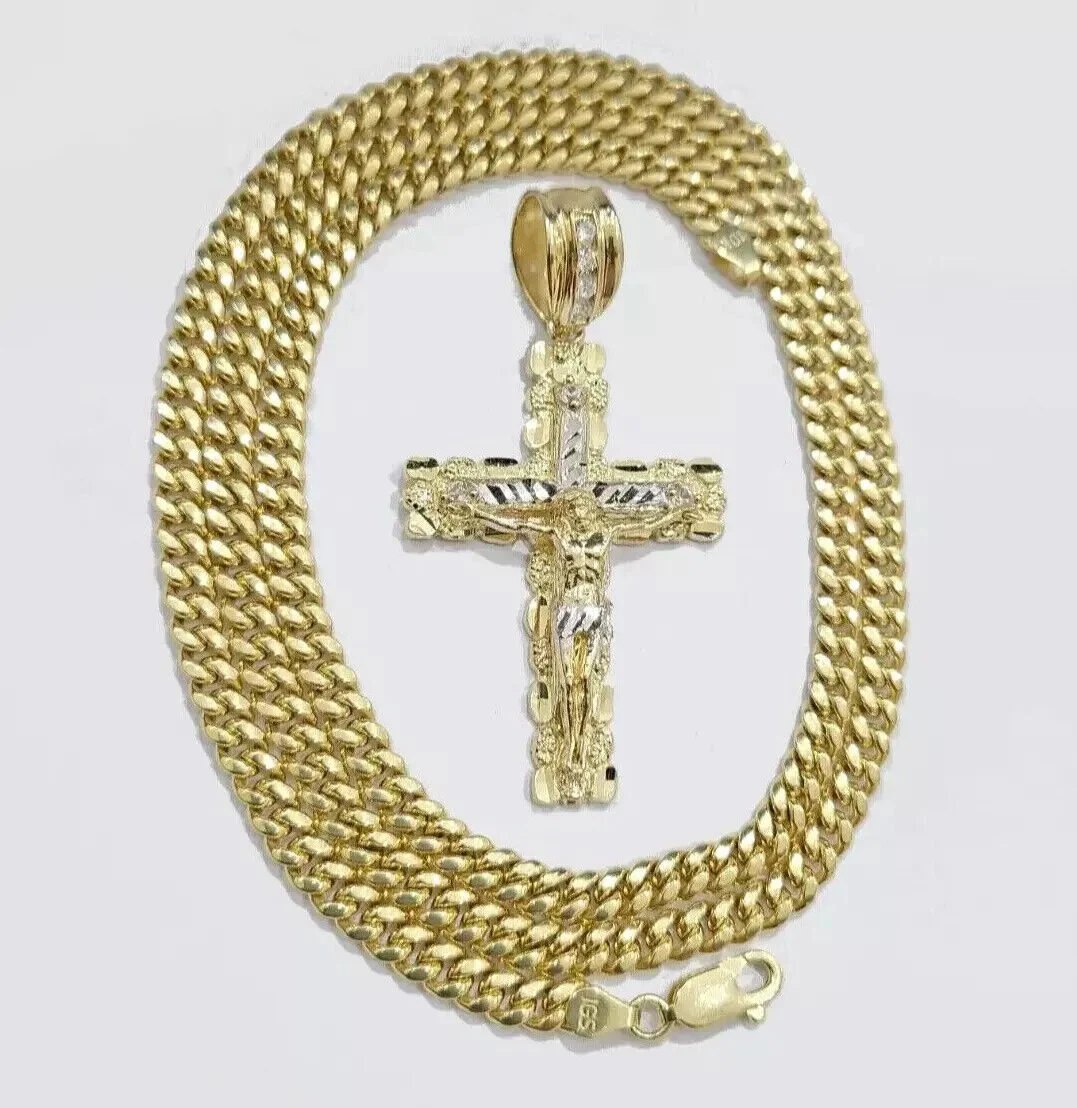 Real 10k Gold Cross Charm pendant Necklace SET 5mm Miami Cuban Link chain 18-28" - Image 6