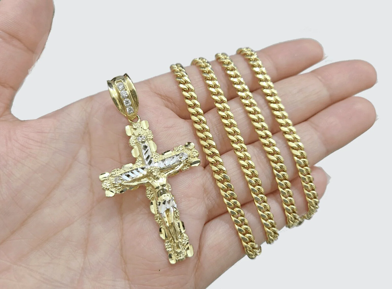 Real 10k Gold Cross Pendant 20 Inch Necklace SET Chain 5mm Miami Cuban Link 10KT - Image 8