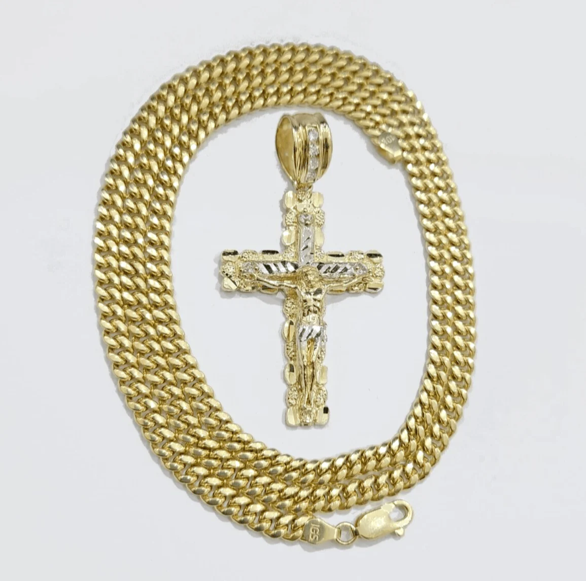 Real 10k Gold Cross Pendant Necklace 22 Inch SET Chain 5mm Miami Cuban Link 10KT - Image 8