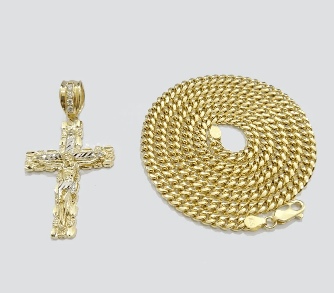 Real 10k Gold Cross Pendant Necklace 24 Inch SET Chain 5mm Miami Cuban Link 10KT - Image 9