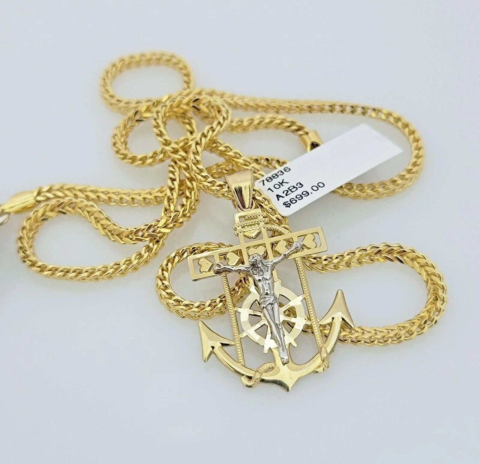 Real 10k Gold Franco Chain Anchor Cross Charm pendant Set 2.5mm Necklace 24 Inch - Image 3