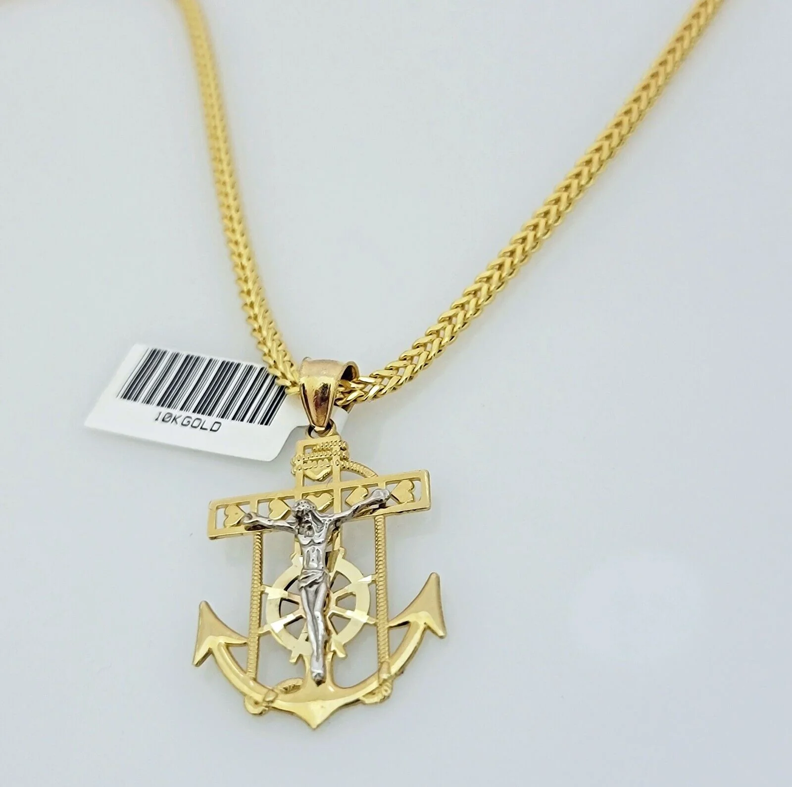 Real 10k Gold Franco Chain Anchor Cross Charm pendant Set 2.5mm Necklace 24 Inch - Image 5