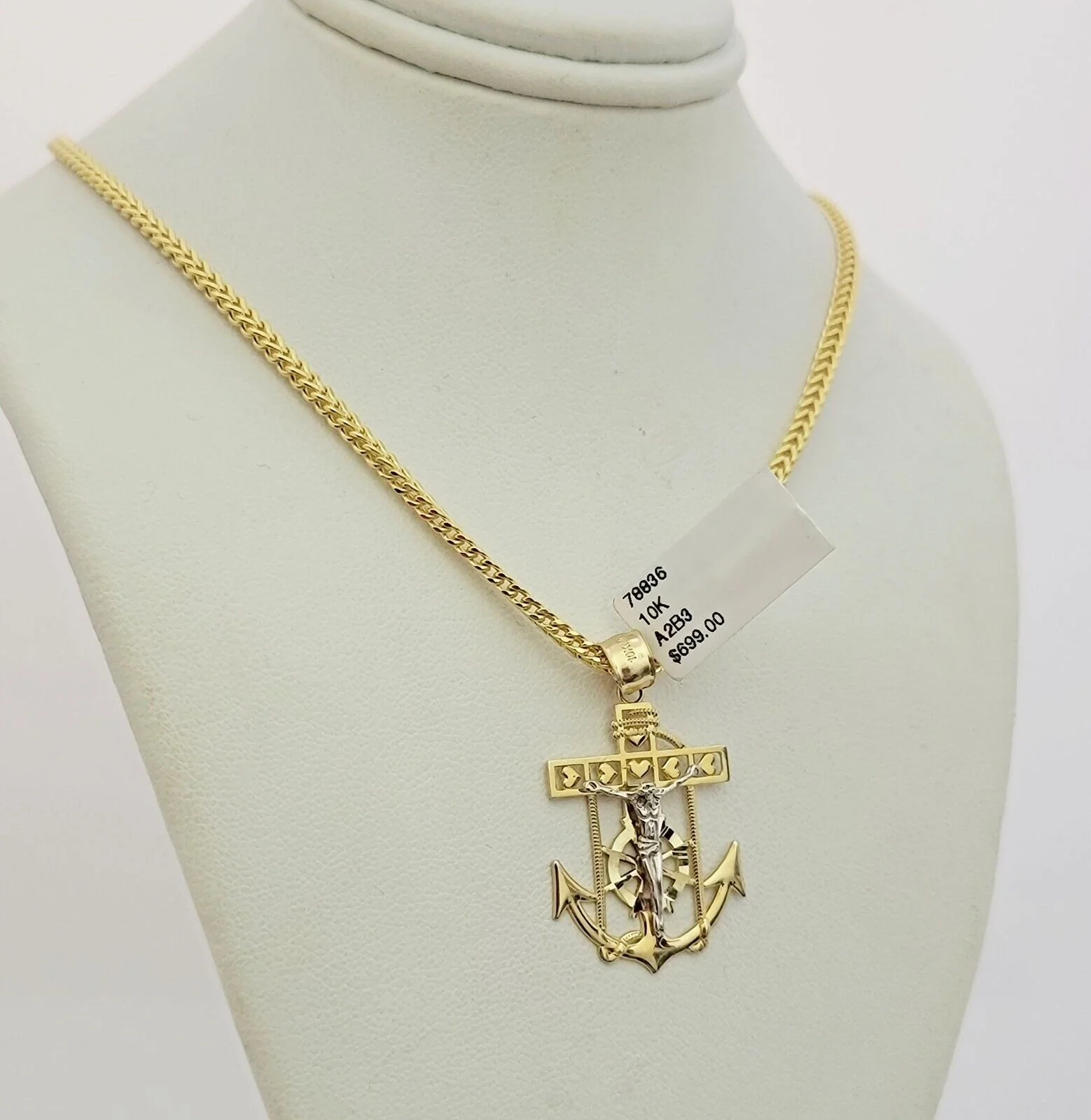 Real 10k Gold Franco Chain Anchor Cross Charm pendant Set 2.5mm Necklace 24 Inch - Image 7