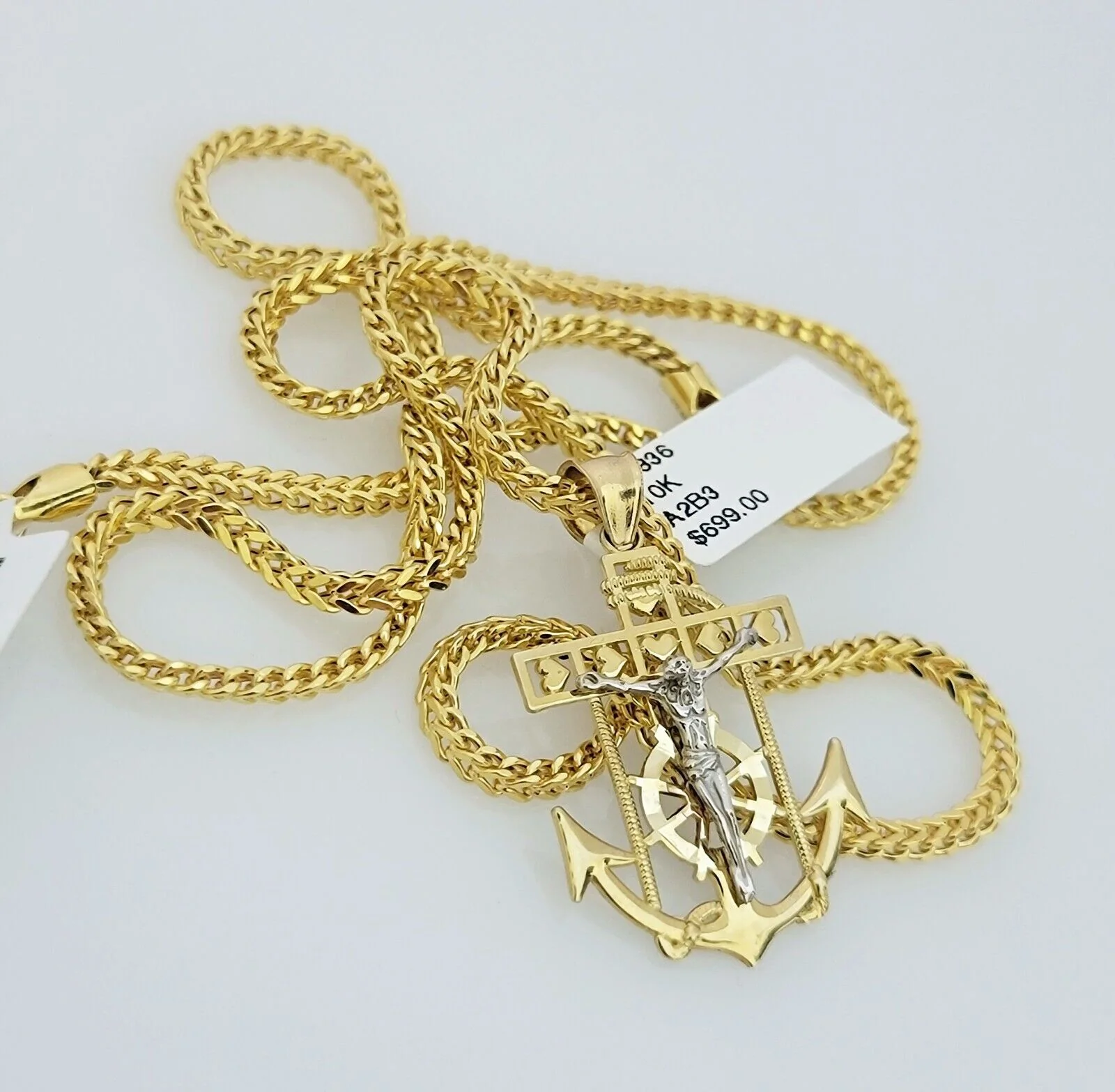 Real 10k Gold Franco Chain Anchor Cross Charm pendant Set 2.5mm Necklace 24 Inch - Image 8