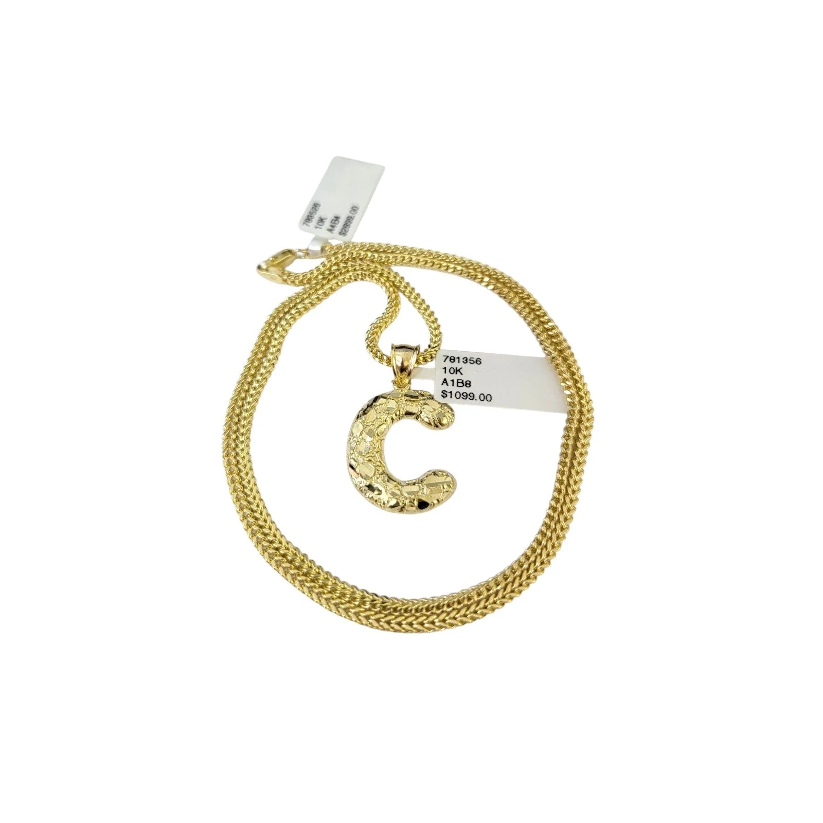 Real 10k Gold Franco Chain C Initial Charm Pendant Necklace SET 2.5mm 16"-26"