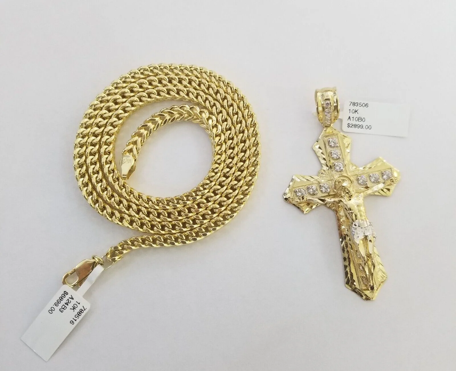 Real 10k Gold Franco chain & Cross Charm 10kt Pendant Necklace 24" 4mm SET - Image 3