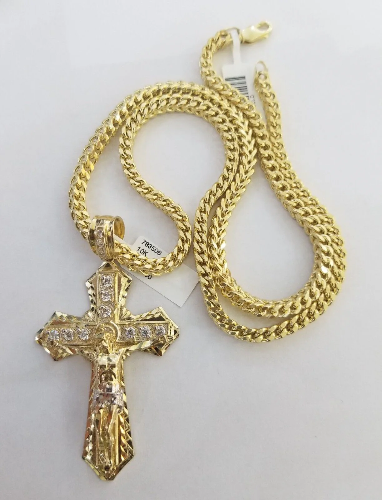 Real 10k Gold Franco chain & Cross Charm 10kt Pendant Necklace 24" 4mm SET - Image 4