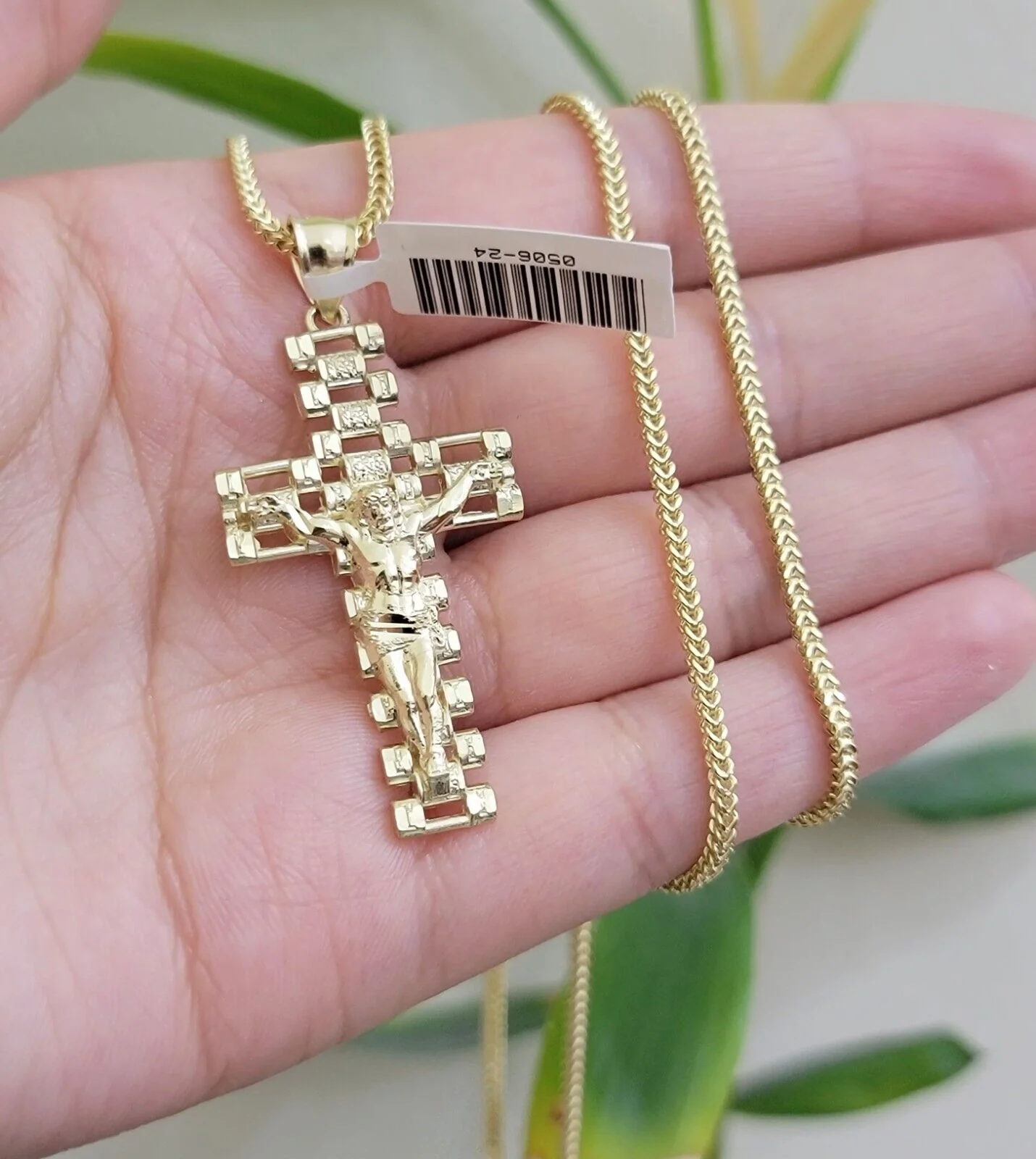 Real 10k Gold Franco Chain Cross Charm SET 24 Inch 2mm Necklace Jesus Pendant - Image 6