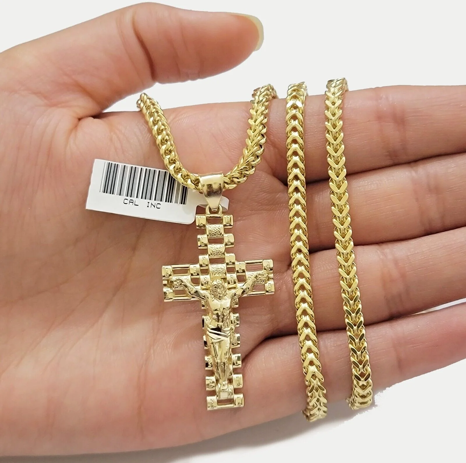 Real 10k Gold Franco chain & Jesus Cross Charm pendant , 3mm Necklace ,Men Women - Image 2